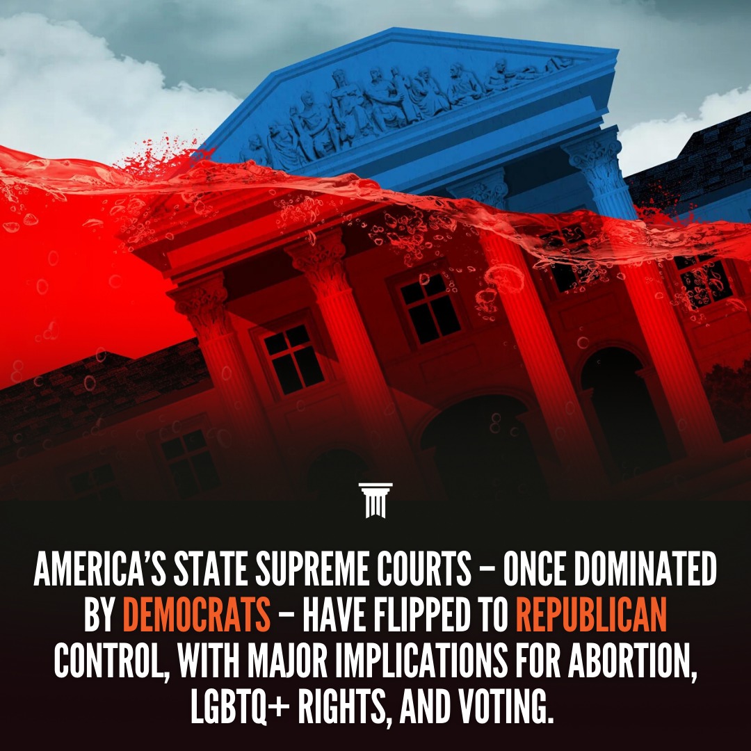 America’s state supreme courts – once dominated by Democrats – have flipped to Republican control, with major implications for abortion, LGBTQ+ rights, and voting. 