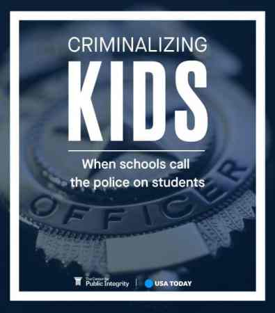 Logo with an officer's badge with type over it that reads Criminalizing kids: when schools call the police on students.
