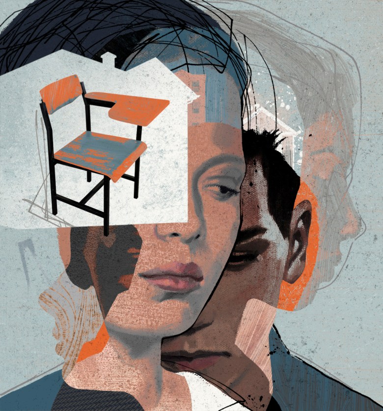 An illustration that has several faces looking sad and contemplative. There are also desks and houses representing homeless students on the illustration, too.