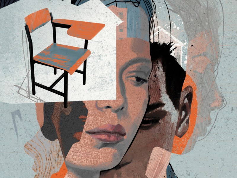 An illustration that has several faces looking sad and contemplative. There are also desks and houses representing homeless students on the illustration, too