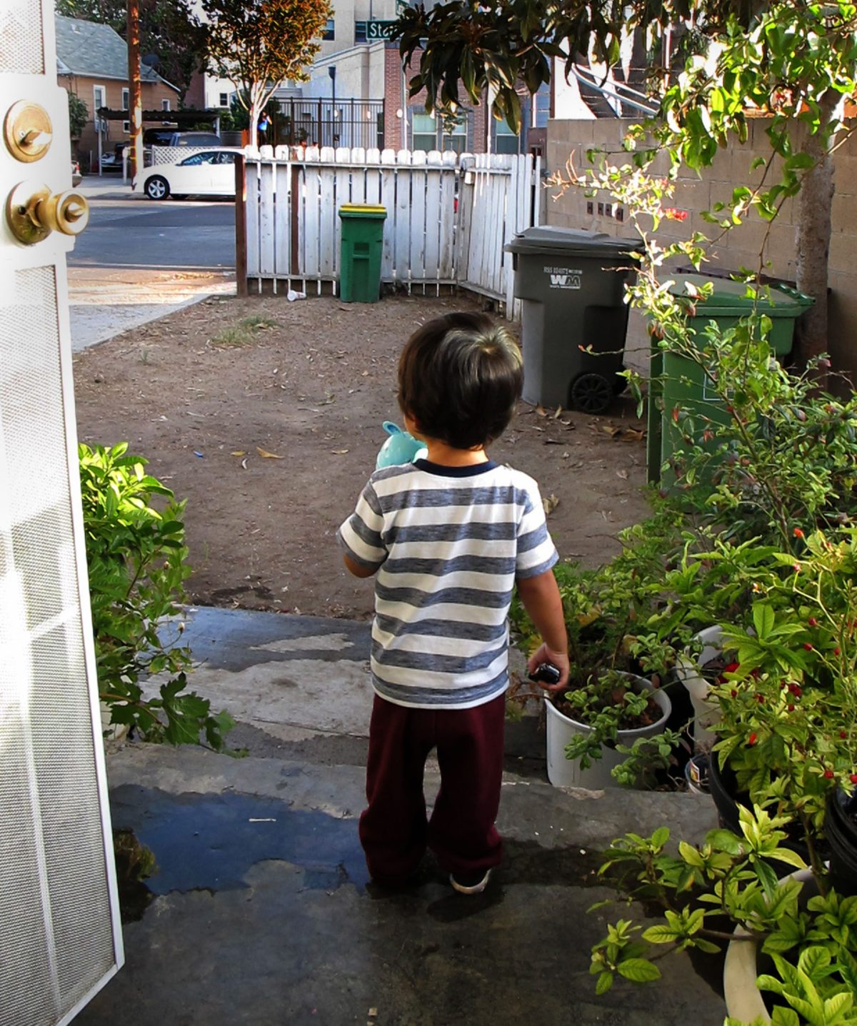 The view from behind 2-year-old Nalleli Garrido's as he looks out on his porch.