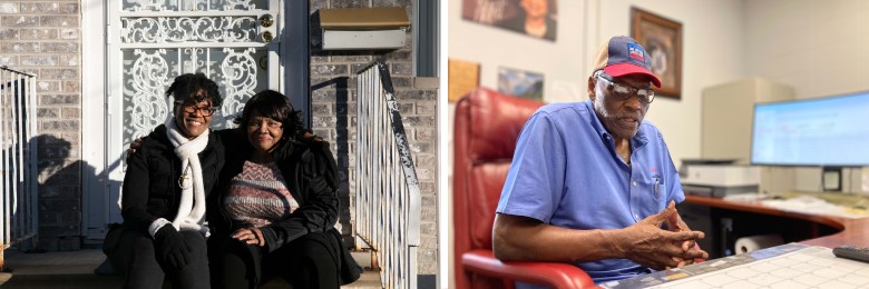 Two photos. The one on the left shows ReShonda Young sitting with her mother, Robel Wright, outside Wright’s home in Waterloo. On the right, Levorn Robinson, Young's father, sits at a desk.