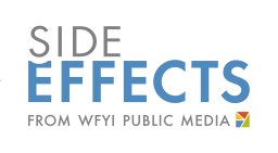 The logo for Side Effects from WFYI public media. Letters are gray with effects in blue. Square made up of blue, yellow, green and red triangles at the bottom left.