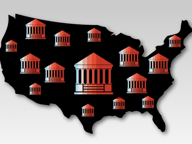 A map of the United States is covered in icons of supreme court buildings.