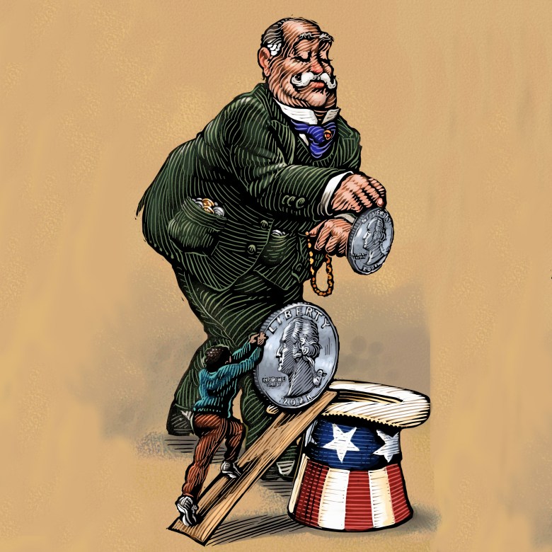 An illustration in drawing style shows a small person pushing a quarter as large as them up a plank to drop into an Uncle Sam hat while a very large man -- dressed well, pockets full of coins -- easily drops his quarter in.