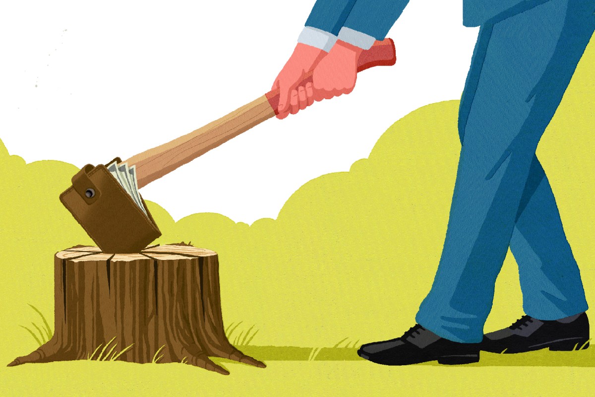 This illustration shows a white man dressed in a blue suit using an axe made of a wallet as the metal piece to chop into a tree stump.