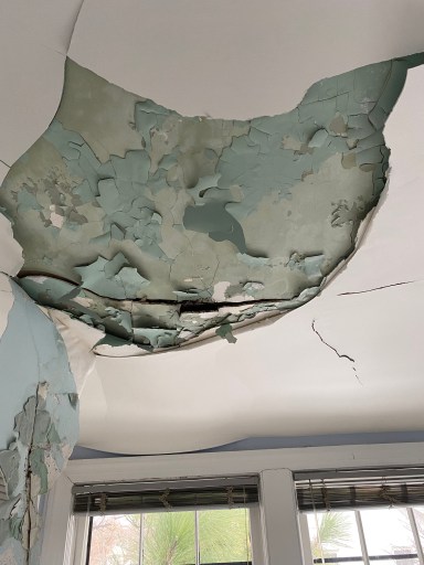Water damage in the ceiling of Sara Meacham's Washington, D.C. home is shown. Pain is peeling and the ceiling is collapsing. 