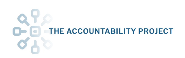Logo that says The Accountability Project. Letters are in blue. Spoke and wheel symbol at the left is followed by name.